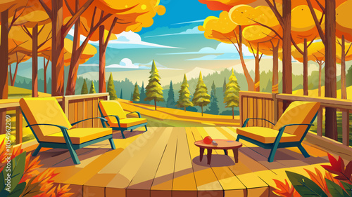 The chairs on the deck are made of wood, and the cushions are yellow. The view is of autumn trees from the deck.