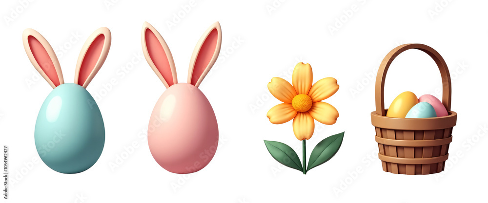 Easter Icons PNG: 3D Bunny Ears Eggs, Flower, Basket Easter Icons PNG: 3D Bunny Ears Eggs, Flower, Basket