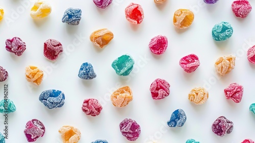 A colorful assortment of freeze dried candy pieces are scattered across a white background photo