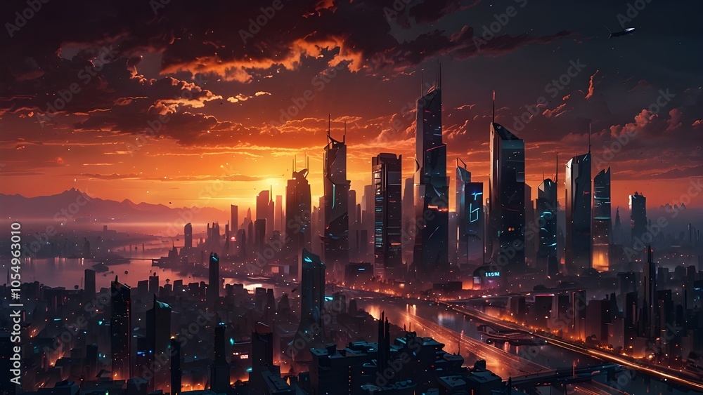 Fototapeta premium Gorgeous sunset-themed cyberpunk cityscape with glittery animation | Cyberpunk background/wallpaper |