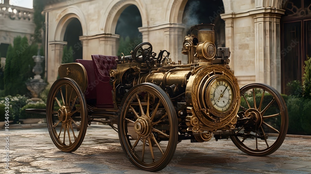 Ornate Brass Odometer in Ancient Roman Chariot Amid Lush Mediterranean Villa Courtyard Ornate Brass Odometer in Ancient Roman Chariot Amid Lush Mediterranean Villa Courtyard