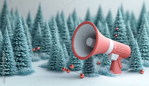 A vibrant megaphone announces festive cheer amidst modern Christmas trees and geometric shapes, ideal for holiday marketing and December celebrations. photo