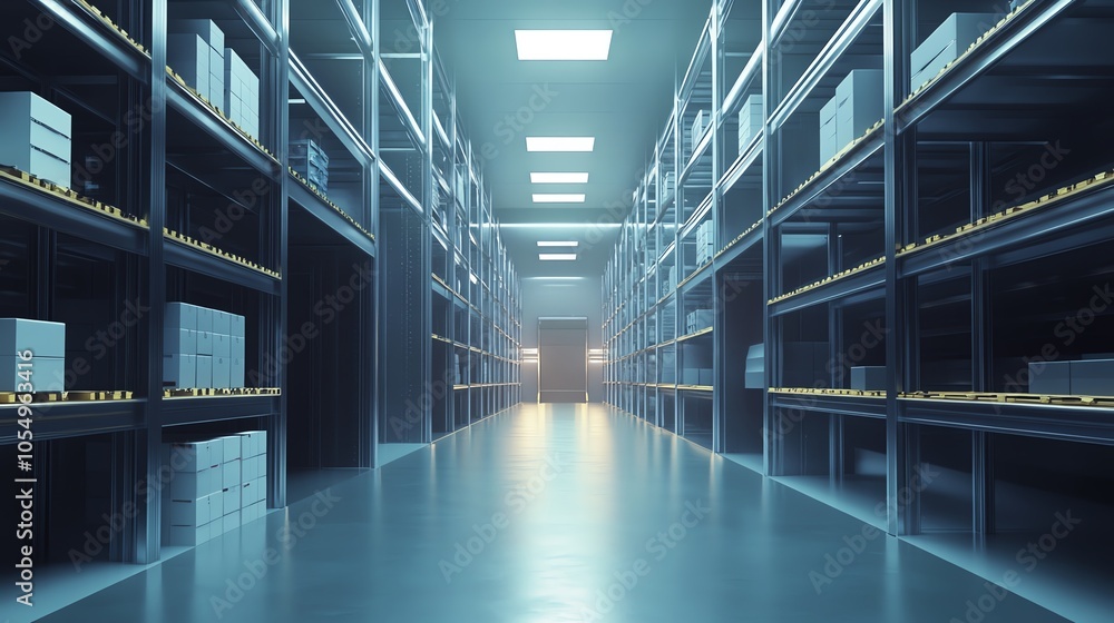 Obraz premium Modern, spacious warehouse interior with organized shelves stretching into the distance, illuminated by bright overhead lights.