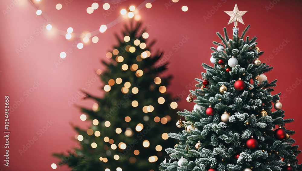 温かい赤のキャンバスにボケライトが輝くクリスマスの背景イメージ。生成AI 温かい赤のキャンバスにボケライトが輝くクリスマスの背景イメージ。生成AI