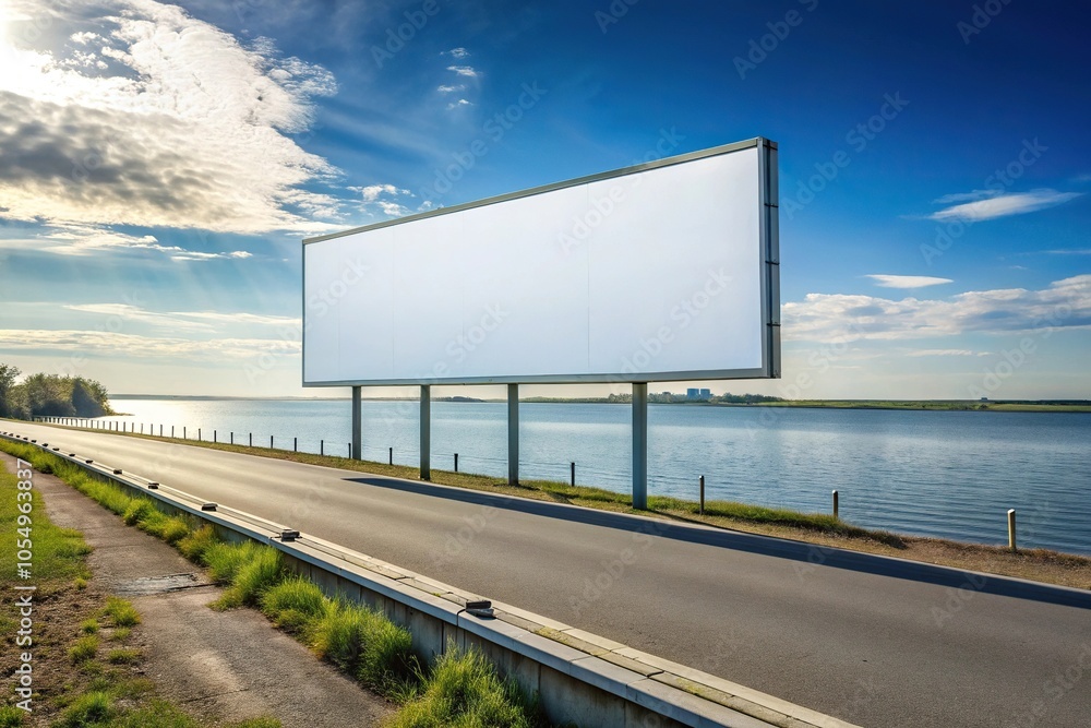 white billboard on road next to water white billboard on road next to water