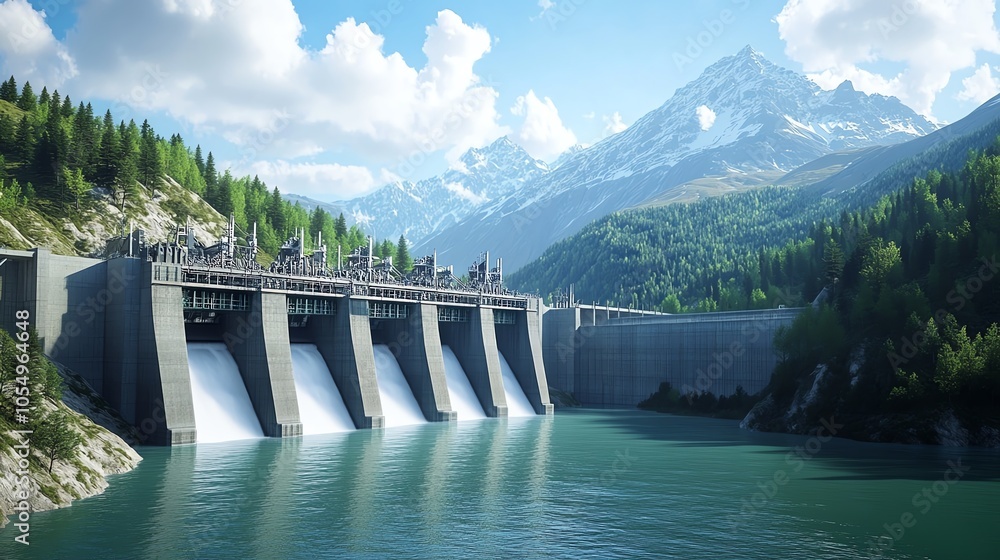 Scenic view of a hydroelectric dam amidst lush forests and mountains, under a vibrant blue sky and fluffy clouds, symbolizing sustainable energy. Scenic view of a hydroelectric dam amidst lush forests and mountains, under a vibrant blue sky and fluffy clouds, symbolizing sustainable energy.