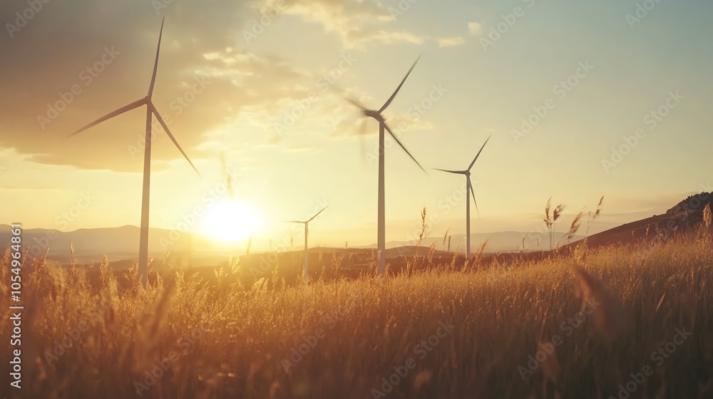 Obraz premium Scenic view of wind turbines in a golden field at sunset, symbolizing renewable energy and sustainability against a serene, scenic landscape.
