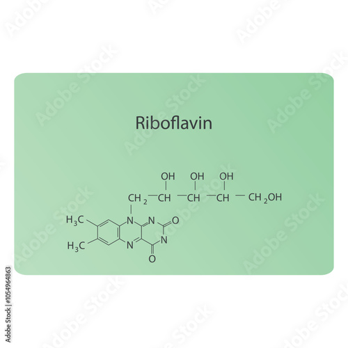 Riboflavin skeletal structure diagram.Vitamin B2 compound molecule scientific illustration.