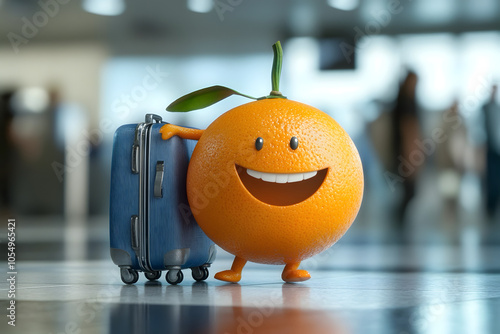 A smiling tangerine arrives at the airport with a suitcase