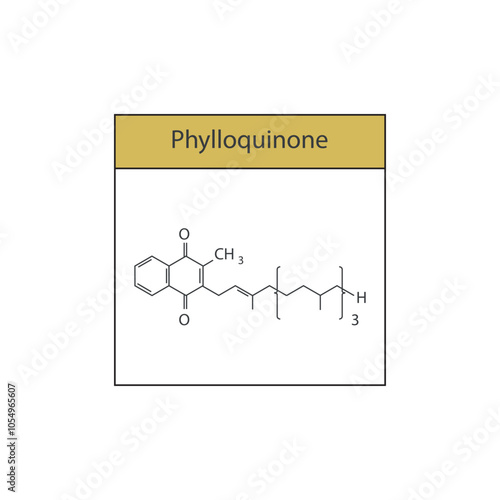 Phylloquinone skeletal structure diagram.Vitamin K vitamer compound molecule scientific illustration.