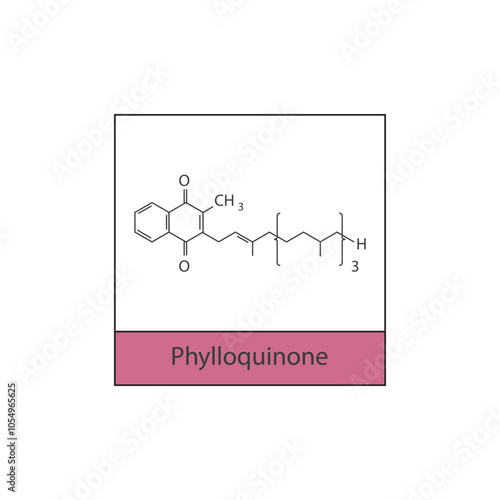 Phylloquinone skeletal structure diagram.Vitamin K vitamer compound molecule scientific illustration.