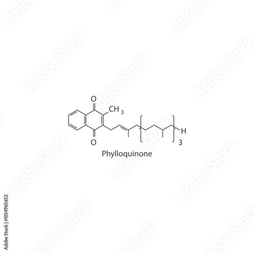 Phylloquinone skeletal structure diagram.Vitamin K vitamer compound molecule scientific illustration.