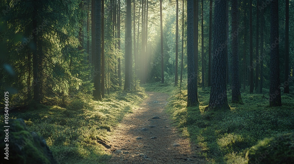 A tranquil forest path illuminated by soft sunlight at dawn, with lush greenery and tall trees surrounding the serene landscape A tranquil forest path illuminated by soft sunlight at dawn, with lush greenery and tall trees surrounding the serene landscape