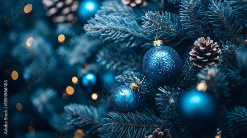 Decorated Christmas tree adorned with blue ornaments and pine cones in cozy winter setting