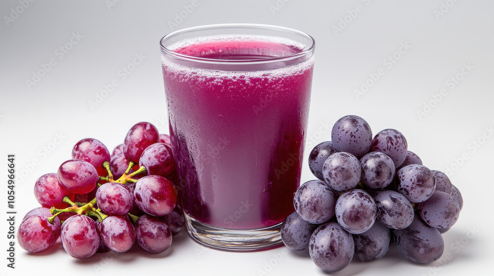 refreshing glass of grape juice is surrounded by clusters of red and purple grapes, showcasing their vibrant colors and natural appeal. scene is inviting and healthy refreshing glass of grape juice is surrounded by clusters of red and purple grapes, showcasing their vibrant colors and natural appeal. scene is inviting and healthy
