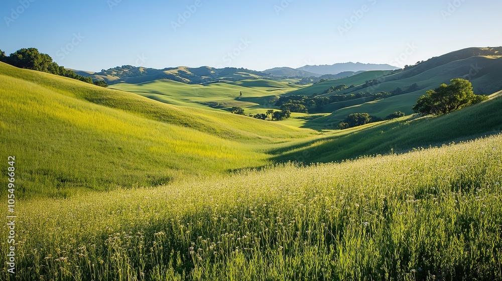 Fototapeta premium Lush green hills under a bright blue sky with distant mountains during early morning light in a tranquil landscape
