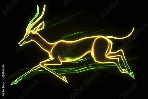 A radiant depiction of a gazelle adorned with neon green accents leaping energetically against a sleek black background --ar 3:2 --s 50 photo