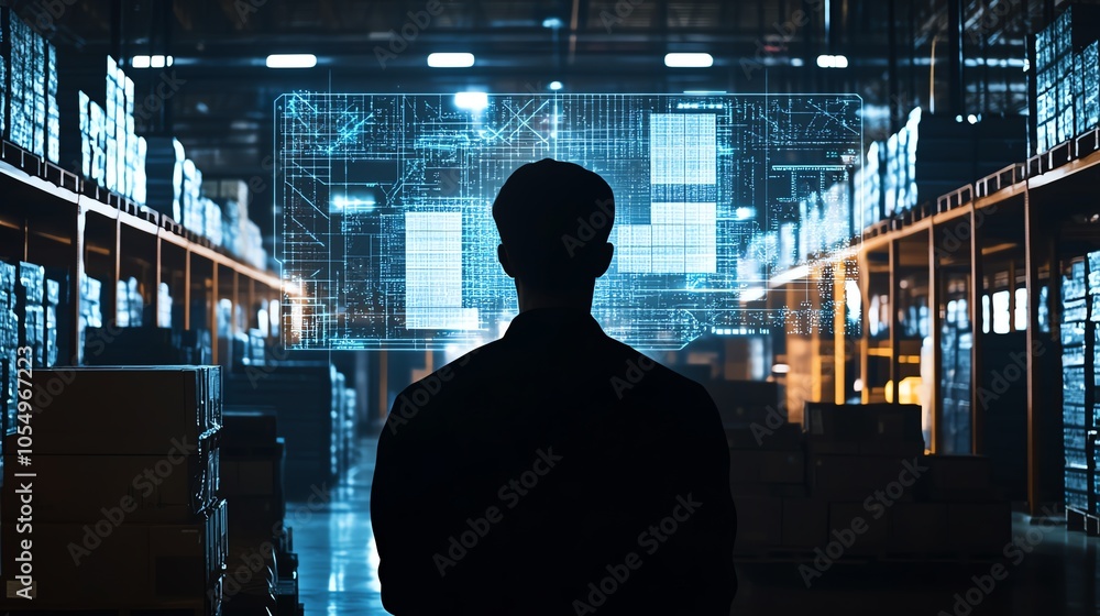 Silhouette of a person standing in a dimly lit warehouse with futuristic digital screens overlaying the industrial setting. Silhouette of a person standing in a dimly lit warehouse with futuristic digital screens overlaying the industrial setting.