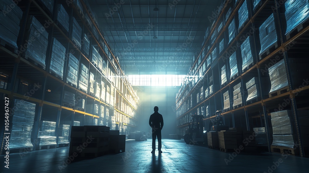 Silhouette of a person standing in a vast warehouse, surrounded by tall shelves filled with boxes, illuminated by natural light from above. Silhouette of a person standing in a vast warehouse, surrounded by tall shelves filled with boxes, illuminated by natural light from above.