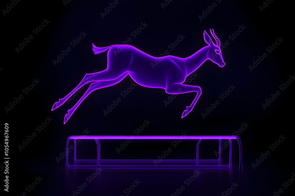 Neon silhouette of a jumping gazelle in a sports arena isolated on black background. Neon silhouette of a jumping gazelle in a sports arena isolated on black background.