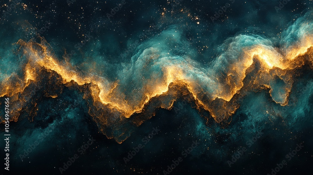 Fototapeta premium Abstract Cosmic Landscape with Golden and Teal Nebulae