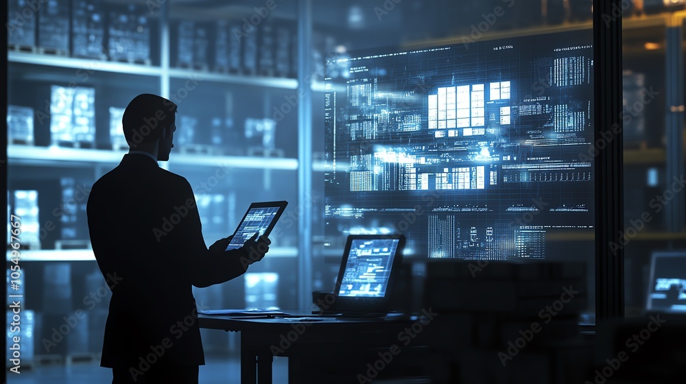 Silhouette of a person using digital technology in a modern data center, surrounded by futuristic screens and servers. Silhouette of a person using digital technology in a modern data center, surrounded by futuristic screens and servers.