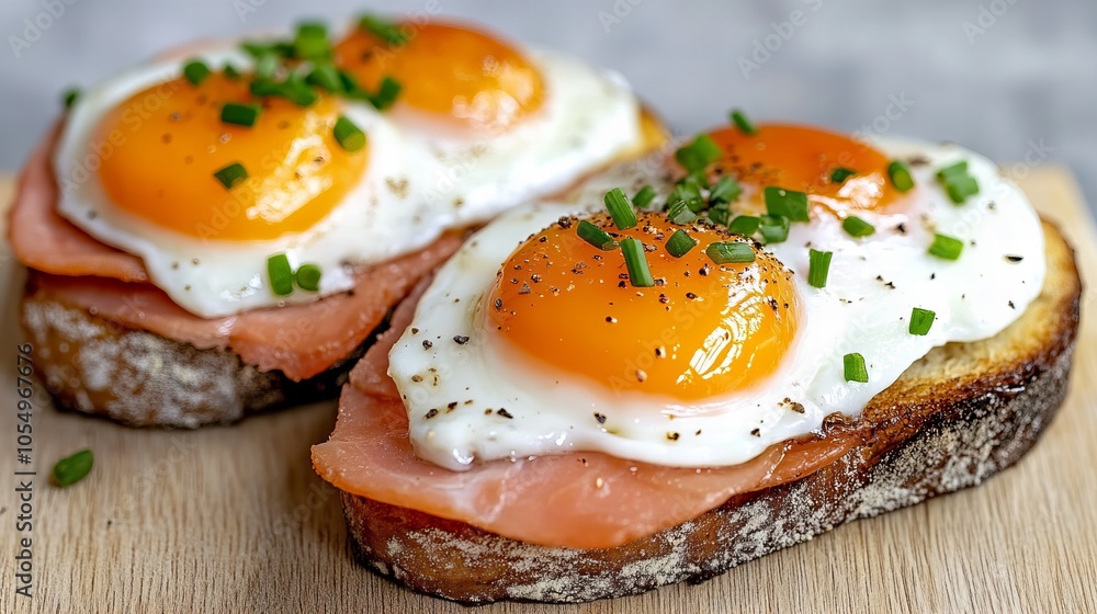 Close-up of two sunny-side-up eggs with ham and chives on toast. Close-up of two sunny-side-up eggs with ham and chives on toast.
