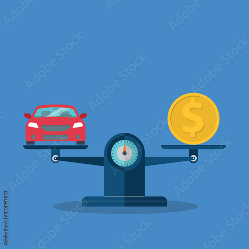 Car and coin on the scale. Vehicle value concept	