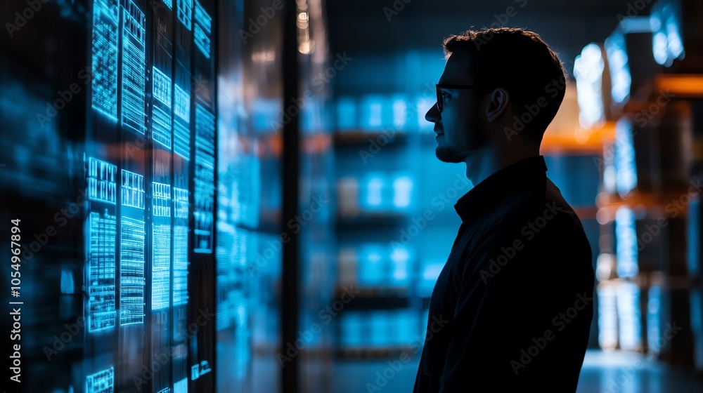 Silhouette of person analyzing data on large screens in a dimly lit room, symbolizing technology and innovation. Silhouette of person analyzing data on large screens in a dimly lit room, symbolizing technology and innovation.