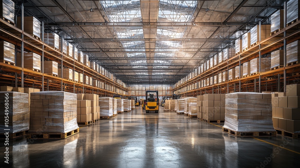 A bustling warehouse filled with neatly stacked boxes and a forklift operating under natural lighting during the daytime A bustling warehouse filled with neatly stacked boxes and a forklift operating under natural lighting during the daytime