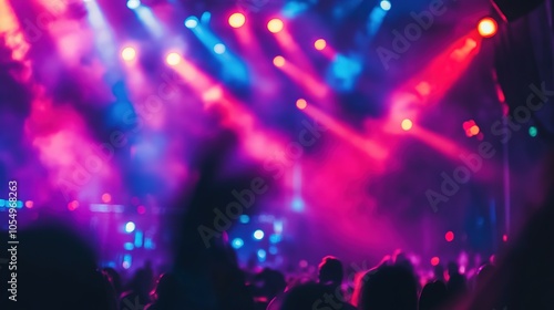 Crowd enjoying a vibrant live concert with dynamic lights and artists performing at night under a colorful stage