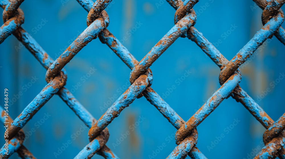 Rusty blue chain-link fence with weathered metal surrounding a vibrant background Rusty blue chain-link fence with weathered metal surrounding a vibrant background