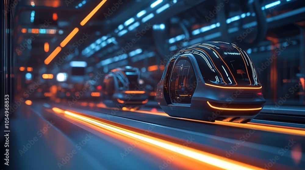 Futuristic autonomous vehicles traveling on illuminated tracks in a high-tech transit hub at night Futuristic autonomous vehicles traveling on illuminated tracks in a high-tech transit hub at night