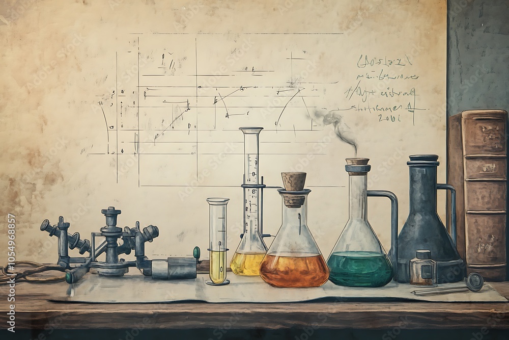 Naklejka premium Vintage Scientific Illustration with Chemistry Lab Equipment 