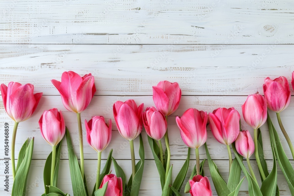Pink Tulips on White Wooden Background Pink Tulips on White Wooden Background