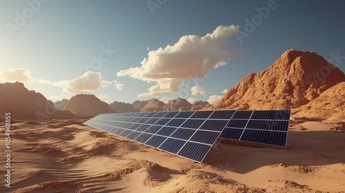 Solar panels set in a desert landscape under a blue sky, showcasing renewable energy in a vast, arid environment. photo