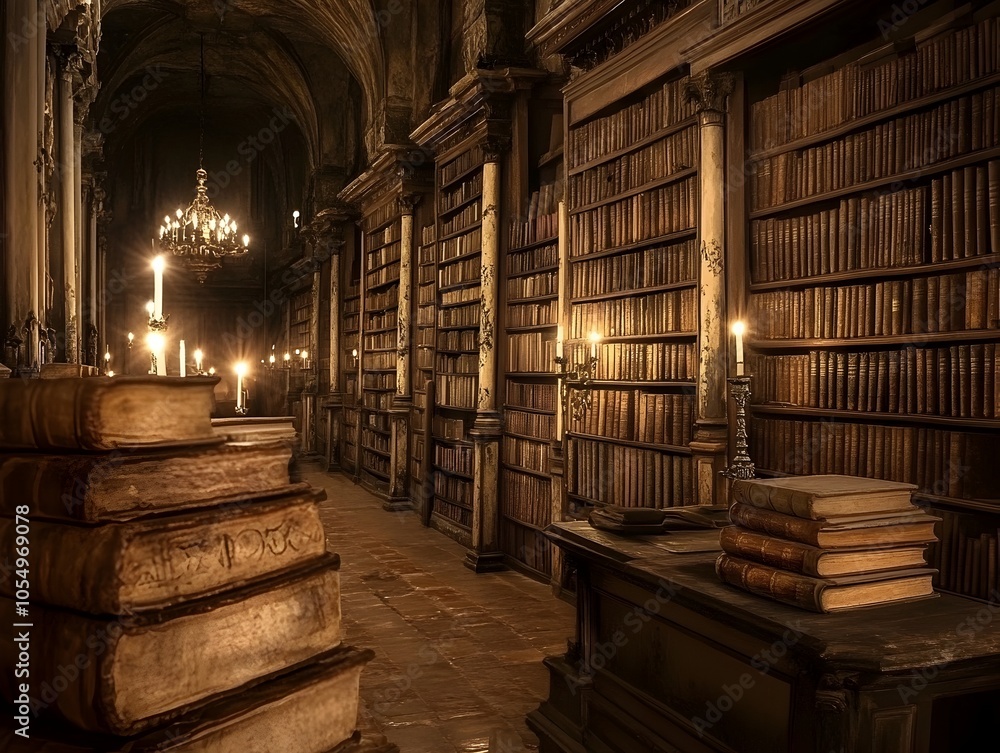 Dimly Lit Ornate Ancient Library with Rows of Weathered Leather Bound Books and Illuminated Manuscripts Dimly Lit Ornate Ancient Library with Rows of Weathered Leather Bound Books and Illuminated Manuscripts