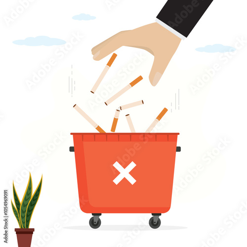 Stop smoking, throw cigarettes in the trash. Tobacco abuse concept. Hand throws cigarettes in red trash can. No smoking. Rejection, proposal smoke