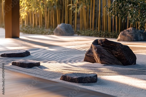 Tranquil Zen Garden with Precisely Raked Sand Patterns and Carefully Curated Stones and Plants photo