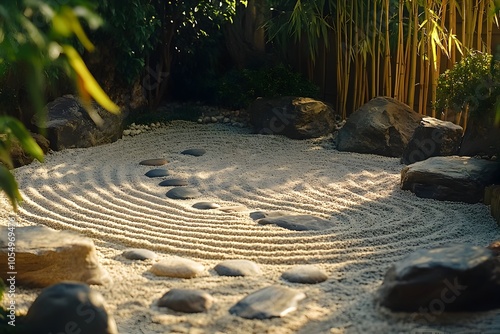 Tranquil Zen Garden with Precisely Raked Sand and Curated Stones and Plants in Warm Tonal Photography photo