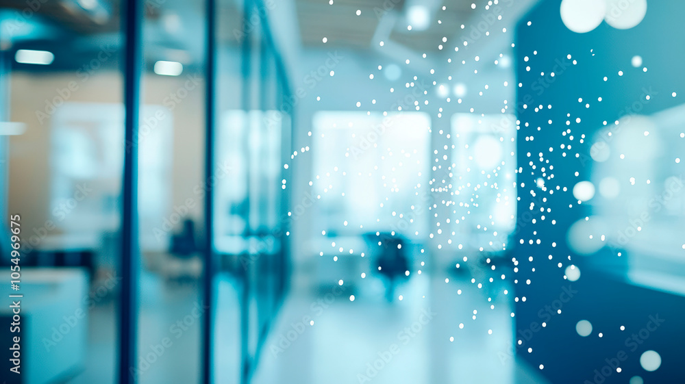 Φωτογραφία Modern office space with glass walls and glowing particles, symbolizing creativity, digital transformation, and the fusion of technology with contemporary workspace design