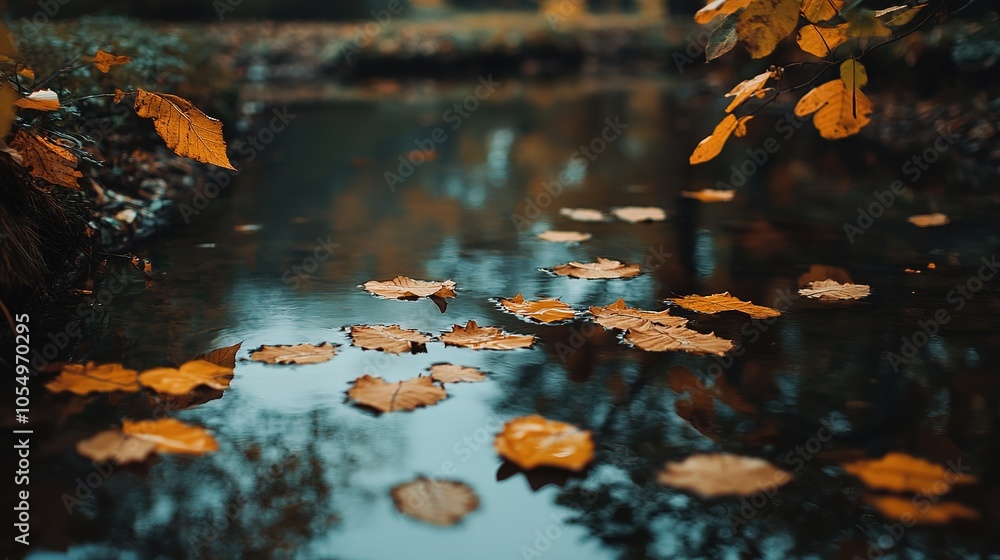 Colorful autumn leaves float on the surface of a serene rain-soaked stream in a peaceful forest setting Colorful autumn leaves float on the surface of a serene rain-soaked stream in a peaceful forest setting