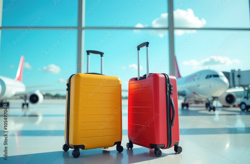 Two suitcases at an airport terminal, blue sky and plane in the background, concept of travel Two suitcases at an airport terminal, blue sky and plane in the background, concept of travel