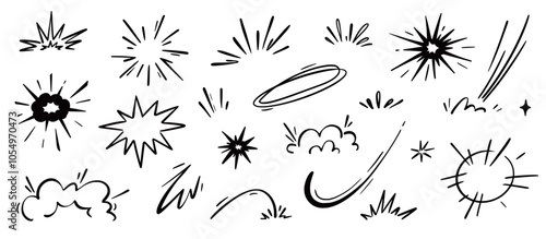 Comic cartoon boom speed effect, explosive motion line element set. Comic boom burst, explosive smoke, line speed cartoon vector icon. Hand drawn sketch doodle action effect. Vector illustration..