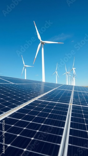 Solar photovoltaics panel and wind turbines generating electricity green energy renewable solar panel Ultra realistic Photorealistic 