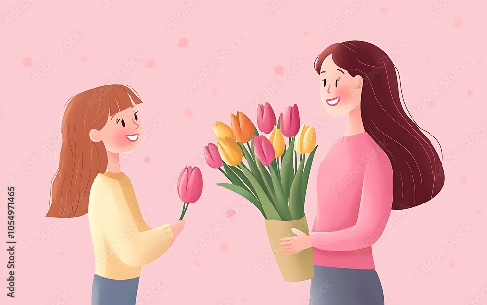 Happy Mother's Day! Cute charming girl gives her beautiful mother a bouquet of tulip flowers isolated on pink background Happy Mother's Day! Cute charming girl gives her beautiful mother a bouquet of tulip flowers isolated on pink background