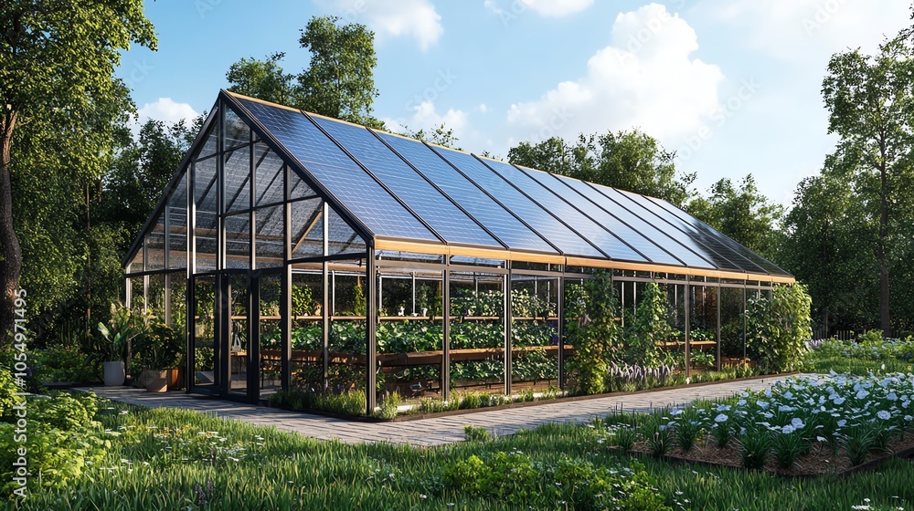 A modern greenhouse nestled in a lush garden, surrounded by vibrant plants and trees under a clear blue sky, showcasing nature's beauty. A modern greenhouse nestled in a lush garden, surrounded by vibrant plants and trees under a clear blue sky, showcasing nature's beauty.