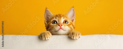 A cute orange kitten peeking over a white surface with bright, curious eyes, set against a vibrant yellow background. photo