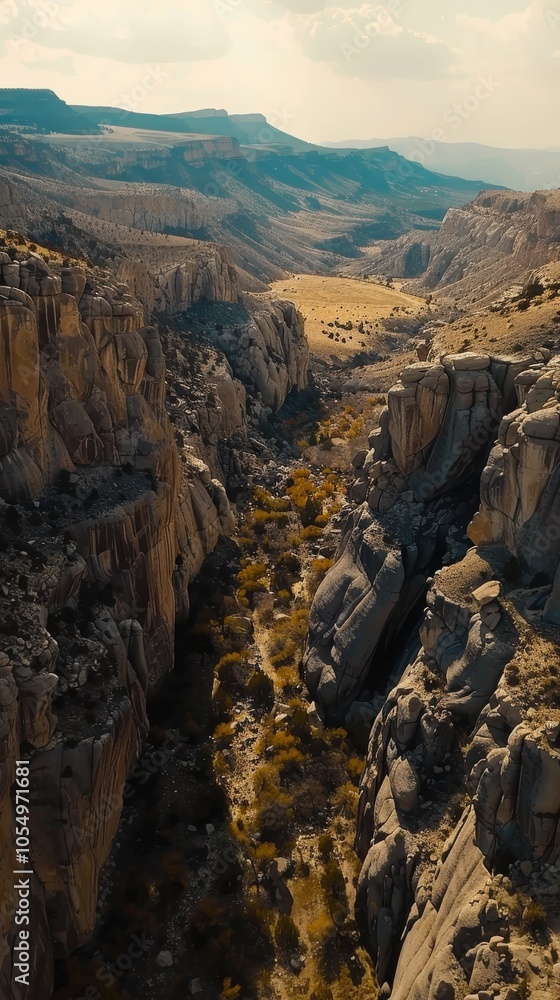 Obraz premium Valley of Stone: Aerial View of Towering Cliffs and Rugged Beauty 