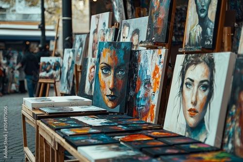 Vendor selling street art from a small stand. The paintings and drawings are displayed on easels and tables, Generative AI  photo